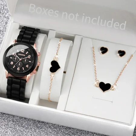 ساعة ماركة جينيفا فاشن للنساء ، سوار سيليكون ، مجموعة مجوهرات قلب بدون صندوق ، 4 قطعة/المجموعة
