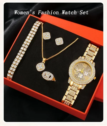 ساعة يد كوارتز نسائية مع صندوق هدية ، ساعات بسيطة للسيدات ، ذهبي ، ماركة فاخرة ، تصميم ، طقم 6 قطعة