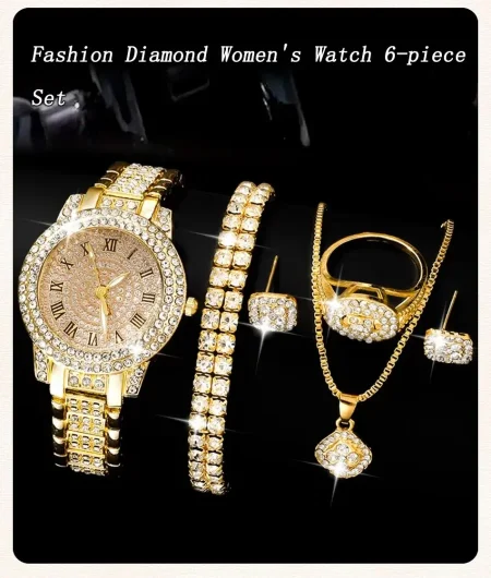 ساعة ذهبية للنساء خاتم قلادة أقراط حجر الراين أزياء ساعة اليد الإناث عارضة السيدات ساعات سوار مجموعة ساعة